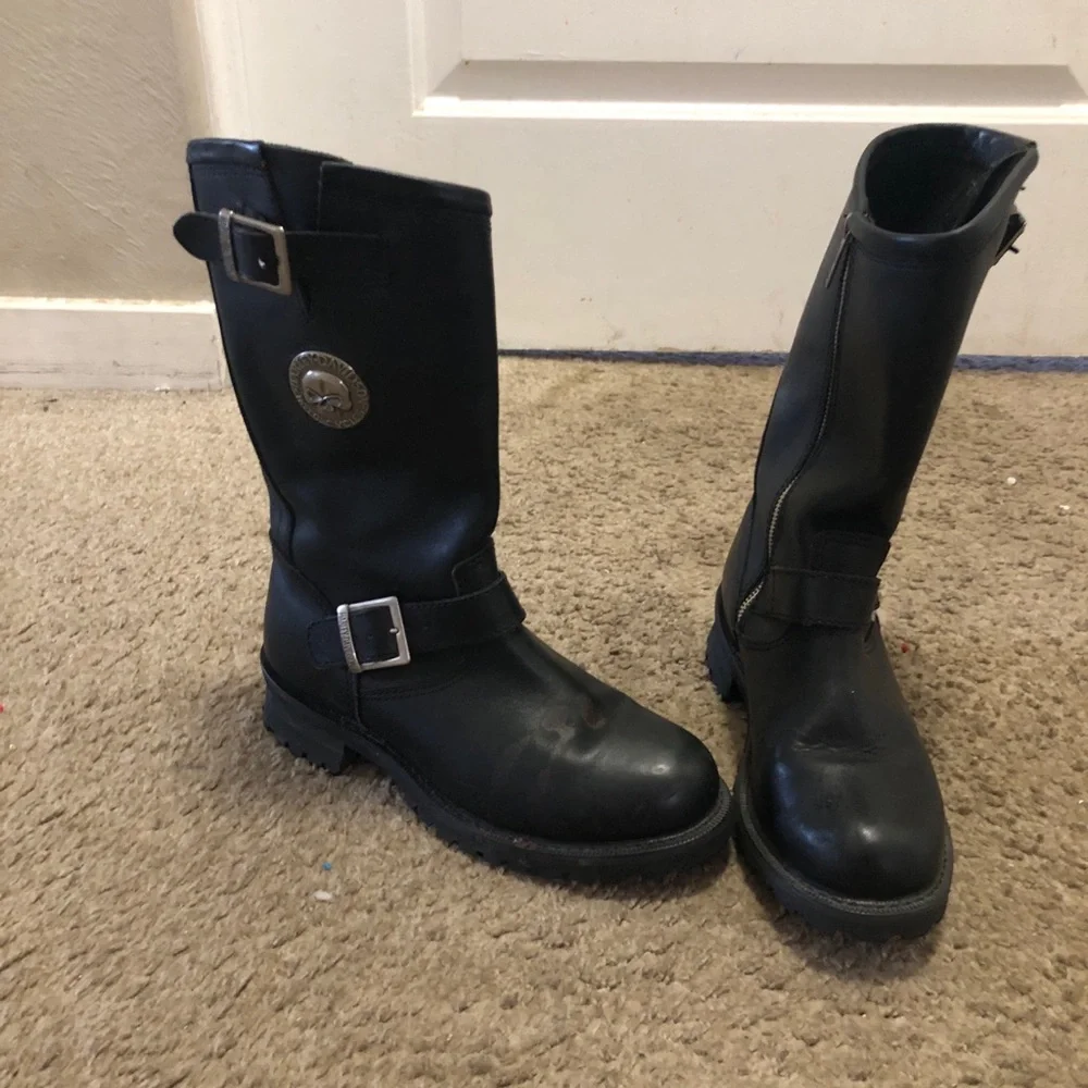 Harley-Davidson men’s /women’s Black Leather Mid-Calf Buckle Boots Size 7